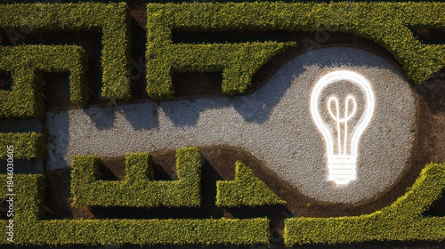 Aerial view of a hedge maze shaped like a question mark with a light symbol at its end. travel magazines, destination branding, designed for outdoor magazines and nature guides.