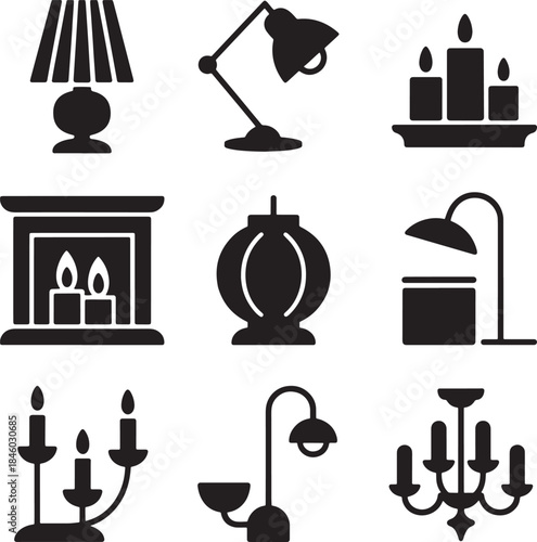 Collection of Black Home Decor Icons Featuring Lamps, Candles, and Fireplace Elements