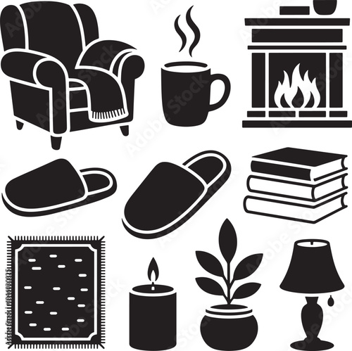 Cozy Home Vector Icons Depicting Armchair, Coffee, Fireplace, Slippers and Books