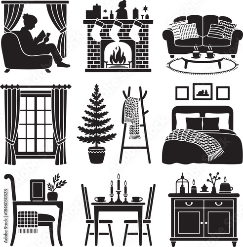 Cozy interior decorations with furniture and window on transparent background silhouette