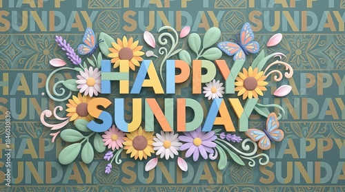 Words ‘HAPPY SUNDAY’ in cheerful colorful style surrounded by fresh flowers, soft leaves, light petals, butterflies and gentle decorative elements