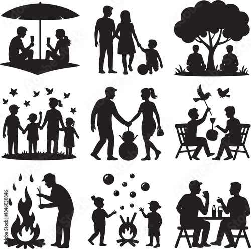 Family Outdoors Silhouette Set In Various Activities Picnic Camping Sitting Talking