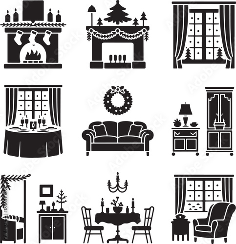 Holiday interior silhouettes featuring festive decor on transparent digital backdrop