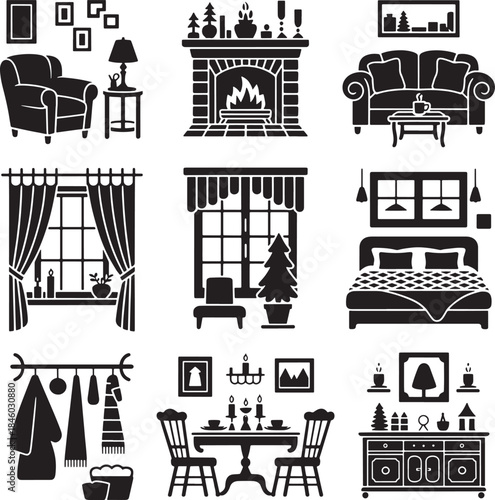Home decor silhouettes featuring furniture and interior design on transparent backdrop