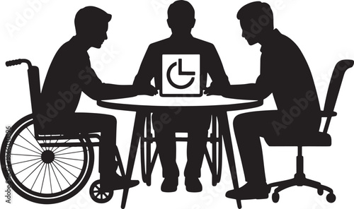 Inclusive Business Meeting Silhouette with Disabled Person at Round Table with Tablet
