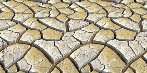 Aerial view of cracked dry earth, showcasing an intricate pattern of parched soil in warm tones.