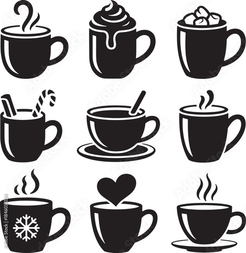 Set of black hot drink mugs on transparent background in flat style vector