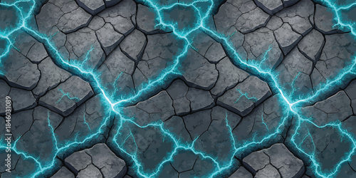 An abstract illustration of cracked stone with glowing blue lightning, creating a dramatic and intense atmosphere.