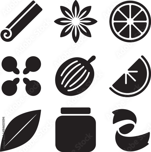 Set of different fragrant spices and herbs for tasty food preparing silhouette