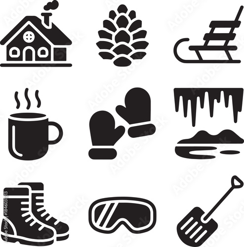 Silhouette illustrations of winter season element set for poster and greeting card