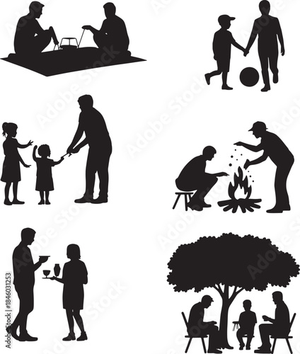 Silhouettes of family time activities and picnic enjoyment moments in nature