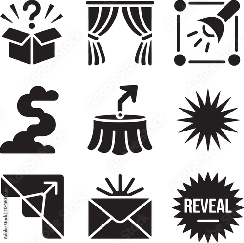 Various mystery show reveal presentation design elements to promote surprise