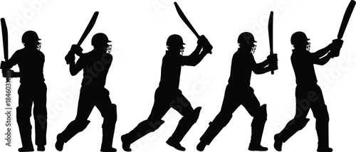 Cricket batsman silhouette set, batting action poses sequence, sports motion illustration, professional cricket player, black vector design
