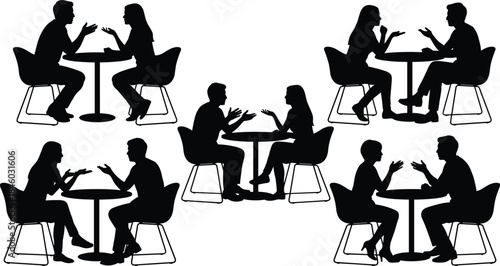 People talking silhouette set, men and women conversation scenes, discussion and communication concept, cafe meeting, black vector illustration