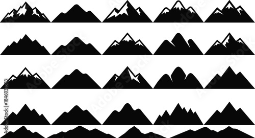Mountain silhouette set, landscape borders and skyline shapes, alpine peaks collection, nature scenery design, black vector illustration