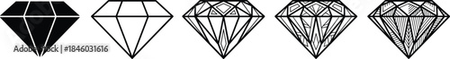 Diamond icon evolution set, gemstone outline to detailed line art styles, luxury jewelry symbol, black and white vector illustration