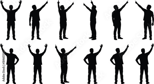 Man pointing gesture silhouette set, male raising hands and directing poses, communication and instruction concept, black vector illustration