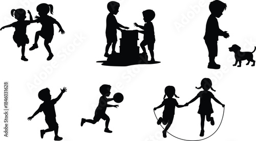 Children playing silhouette set, kids outdoor games, jumping rope, ball play, pet interaction, active childhood fun, black vector illustration