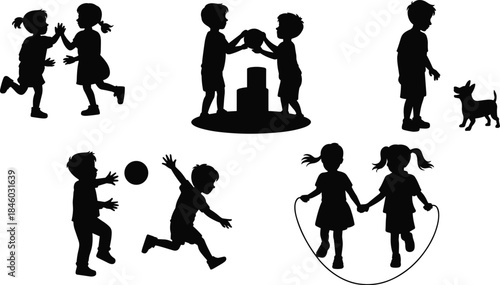 Children playing activities silhouette set, kids games, jumping rope, ball play, pet interaction, outdoor fun, black vector illustration