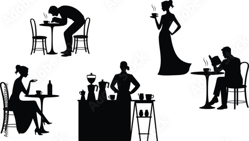 Coffee shop silhouette set, people drinking coffee, barista working, cafe lifestyle scenes, social moments, black vector illustration