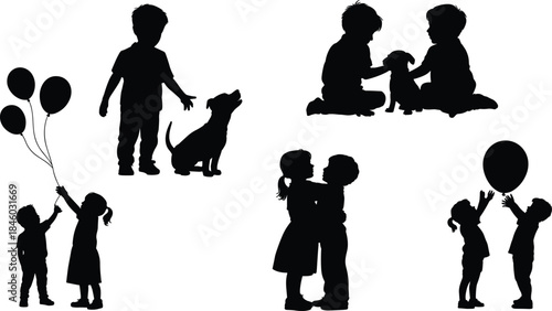 Children playing silhouette set, kids with dog and balloons, hugging and friendship moments, childhood joy concept, black vector illustration