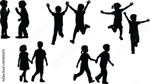 Happy children playing silhouette set, kids jumping, walking and holding hands, childhood joy, friendship concept, black vector illustration