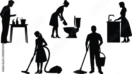 Household cleaning activities silhouette set, people doing hygiene and home chores, bathroom and floor cleaning, black vector illustration