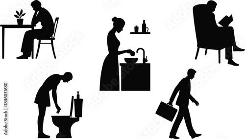 Daily life activities silhouette set, people routine scenes at home and work, modern lifestyle concept, black vector illustration