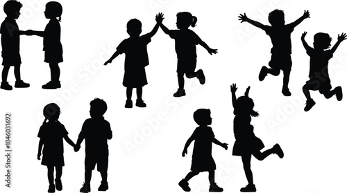 Happy children playing silhouette set, kids jumping and holding hands, childhood fun, friendship concept, active lifestyle, black vector illustration
