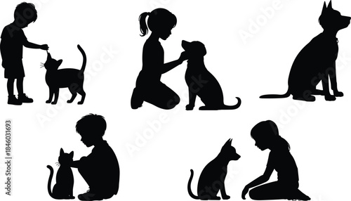 Children and pets silhouette set, kids playing with dogs and cats, childhood bonding, animal care concept, black vector illustration