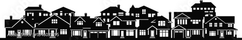 Residential houses silhouette illustration, suburban neighborhood skyline, real estate concept, urban housing, architecture design, black vector, isolated white background