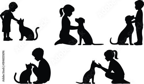 Children playing with pets silhouette illustration, kids bonding with dogs and cats, childhood friendship, animal care concept, black vector art