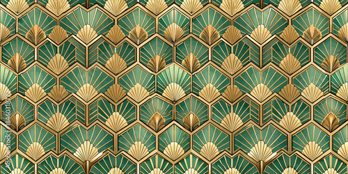 Art Deco-inspired geometric pattern with gold accents on teal background, showcasing elegance and style.