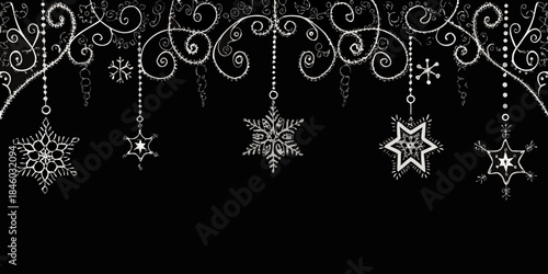 Elegant black background adorned with delicate white snowflake and star ornaments