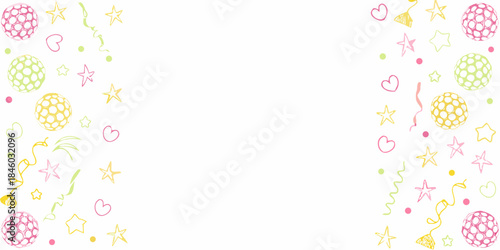 A festive background with colorful confetti stars and decorative spheres