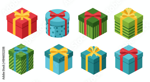 Isometric vector illustration of colorful gift boxes with ribbons and bows, perfect for Christmas, birthdays, or any special occasion, isolated on white.