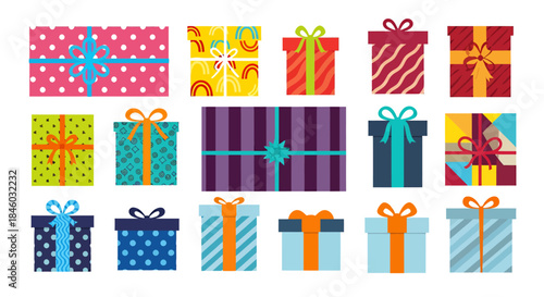 A colorful collection of various festive gift boxes, elegantly wrapped with ribbons and bows, perfect for celebrations and holiday seasons.