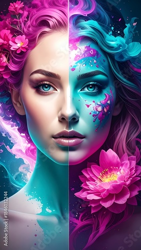 Divided Beauty: A captivating portrait of a woman, bisected to showcase two distinct realms of color, symbolizing duality and inner exploration.