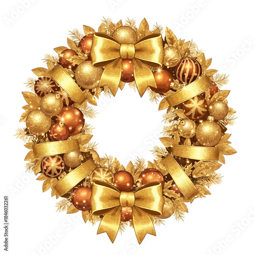 Elegant Golden Festive Wreath Adorned with Ornaments and Ribbons