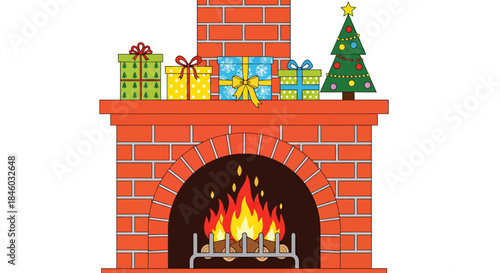 A vibrant vector illustration depicts a cozy brick fireplace adorned with colorful Christmas presents and a festive tree, glowing with holiday warmth.