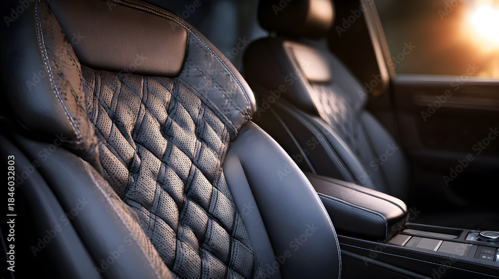 Naklejka premium Luxurious black quilted leather car seat interior detail illuminated by warm golden hour sunlight streaming through the window