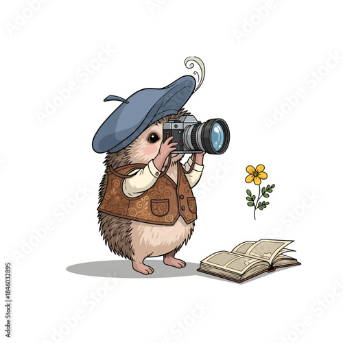 Creative Hedgehog Photographer Taking Picture with Camera Vector