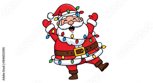A joyful cartoon Santa Claus, dressed in his traditional red suit, is humorously tangled in colorful holiday string lights, celebrating the festive Christmas season.