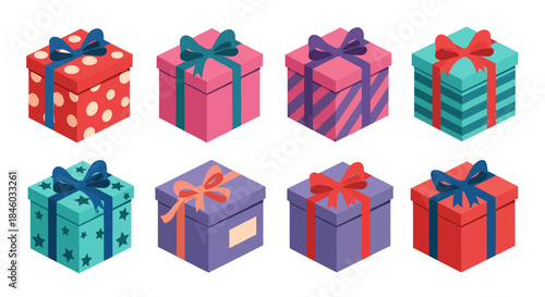 A set of colorful christmas presents vector illustration, featuring various patterns and ribbons, perfect for holiday-themed designs and festive promotions with a clean background.