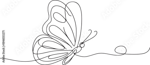 Butterfly Continuous One Line Drawing. Beautiful flying moth for wellbeing beauty or spa salon logo and divider concept in simple linear style. Butterfly in One continuous line drawing. 