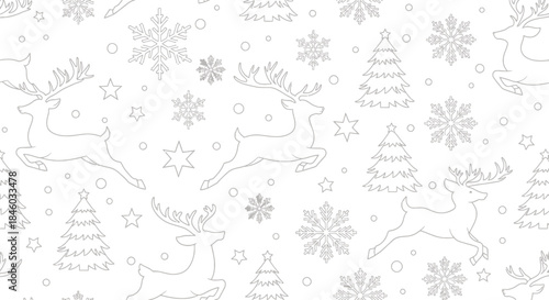 Elegant vector illustration depicting a festive Christmas scene with reindeer, snowflakes, and Christmas trees, perfect for holiday-themed designs and backgrounds.