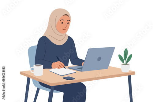 Muslim professional woman working on laptop at desk in modern office illustration