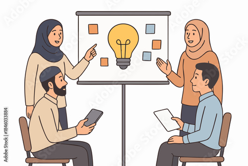 Creative brainstorming session with light bulb idea and business teamwork illustration