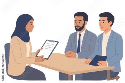 Business discussion with documents and agreement, flat illustration for consulting and negotiation themes.