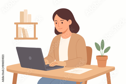 Woman working on laptop at home office, flat illustration for remote work and freelance lifestyle.